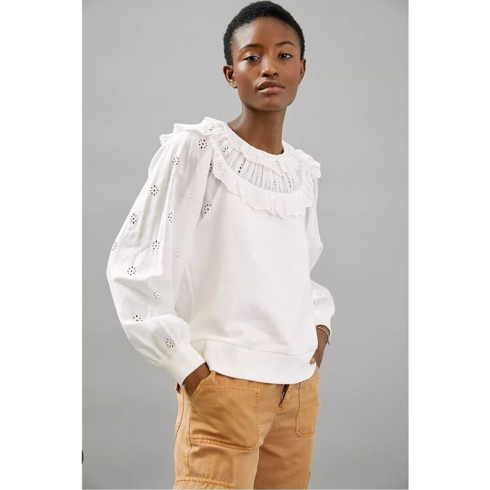 Anthropologie Othilia Portia Eyelet White Cotton Long Sleeve Top Large Cottage